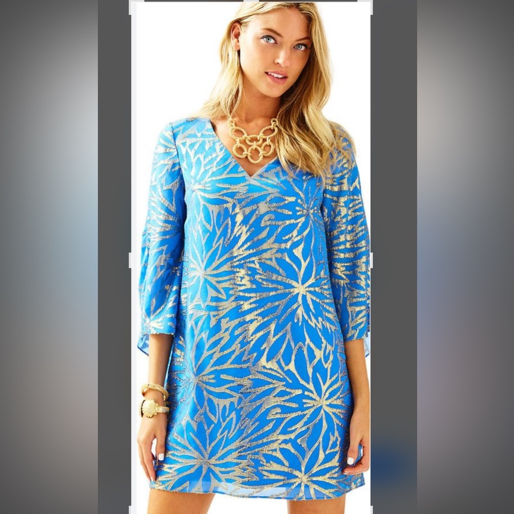 Lilly Pulitzer Blue & Gold Floral V-Neck Shift Dress